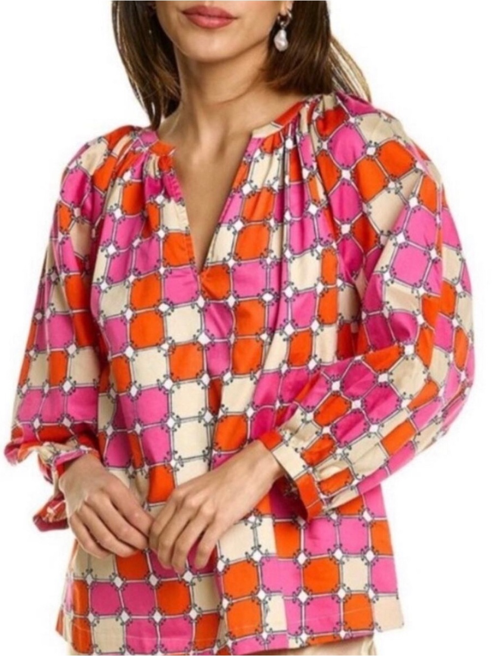 Trina Turk Pink, Orange & Cream Geometric Split-Neck Blouse